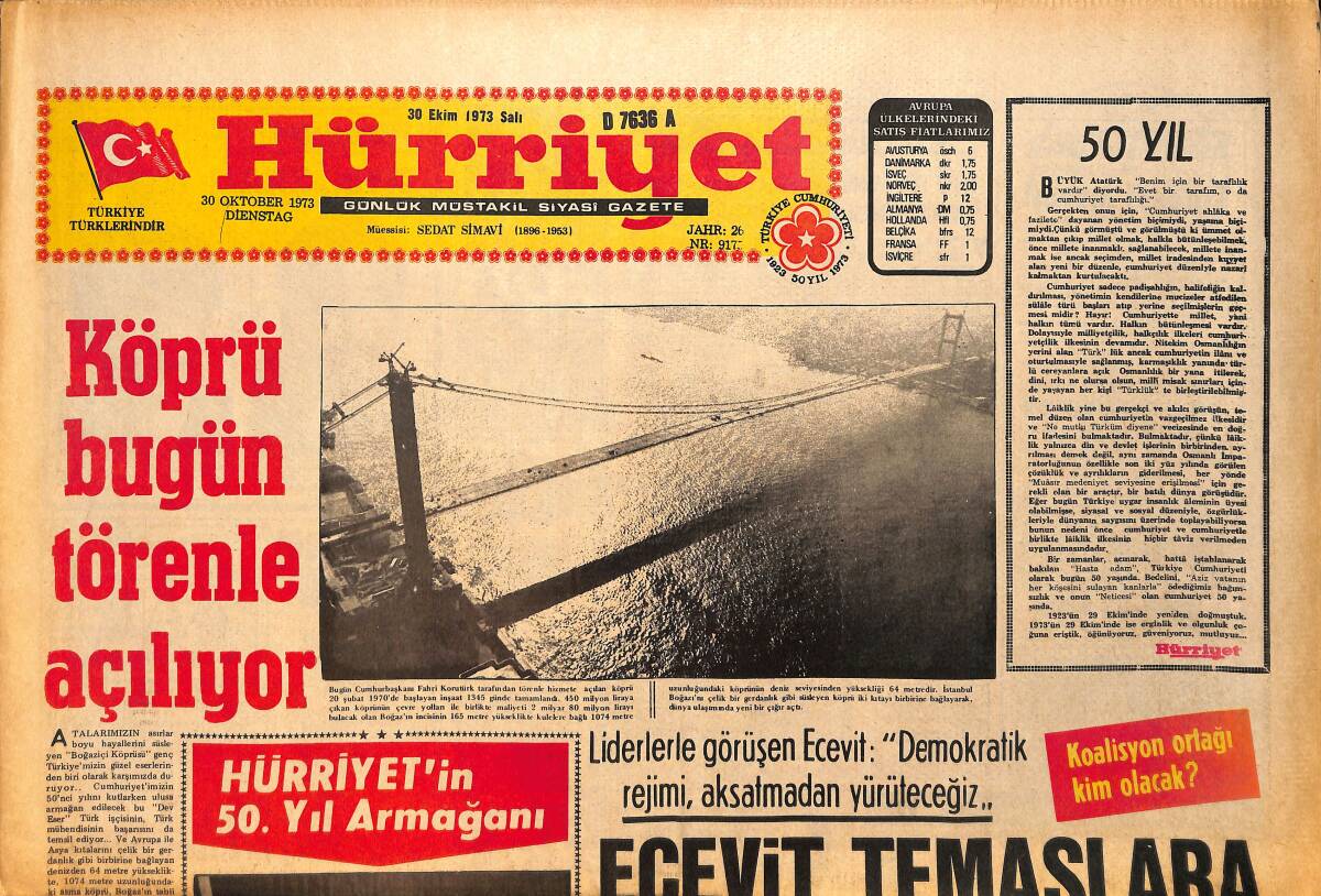 Hürriyet Gazetesi 30 Ekim 1973 - Köprü Bugün Törenle Açılıyor - Türk Ünlüleri Heykel Müzesi Açıldı GZ157792 - 1