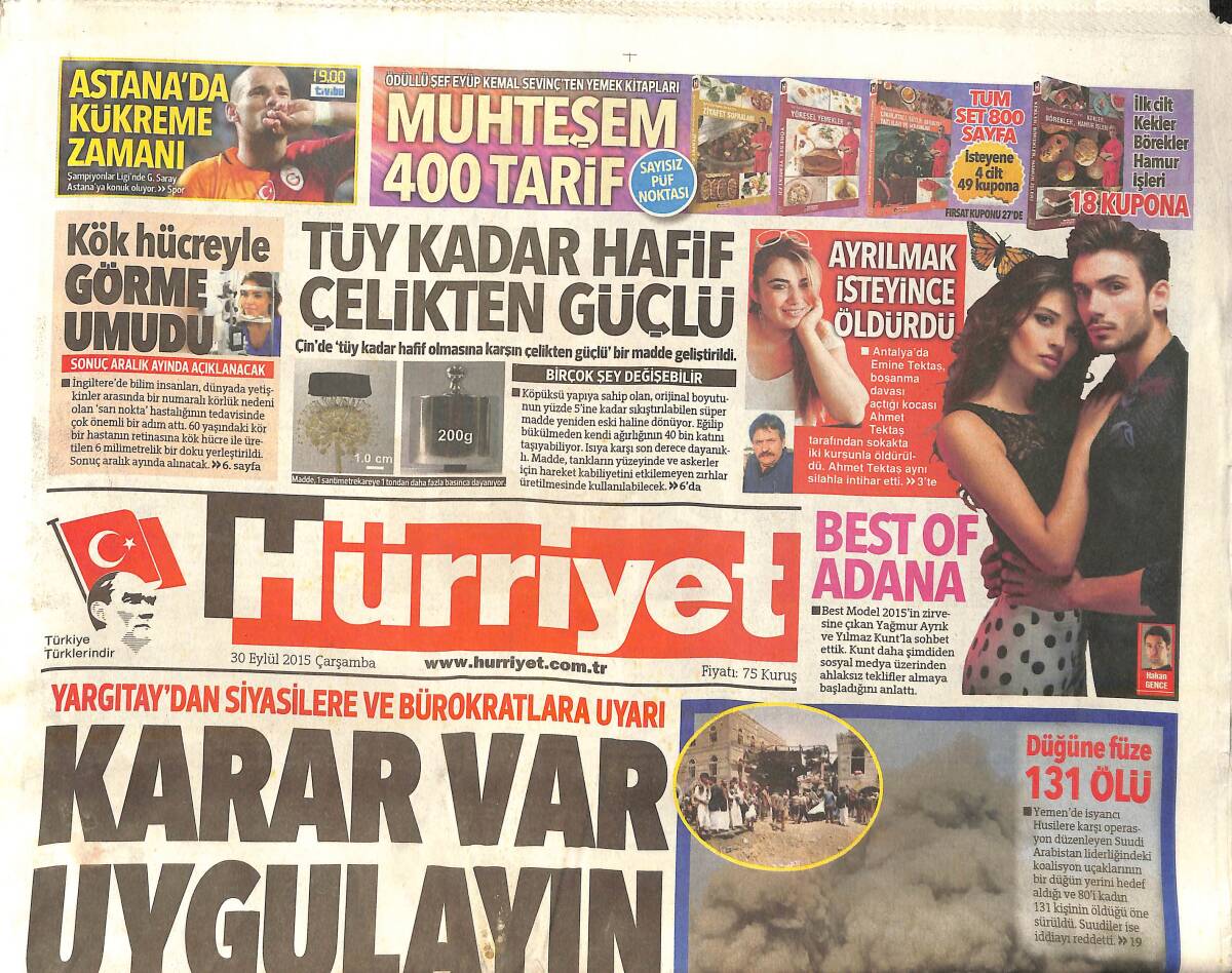 Hürriyet Gazetesi 30 Eylül 2015 - Demirel'in Adası Tekrar Satışta - Mars'ın Suyu Zehirli Olabilir GZ159643 - 1