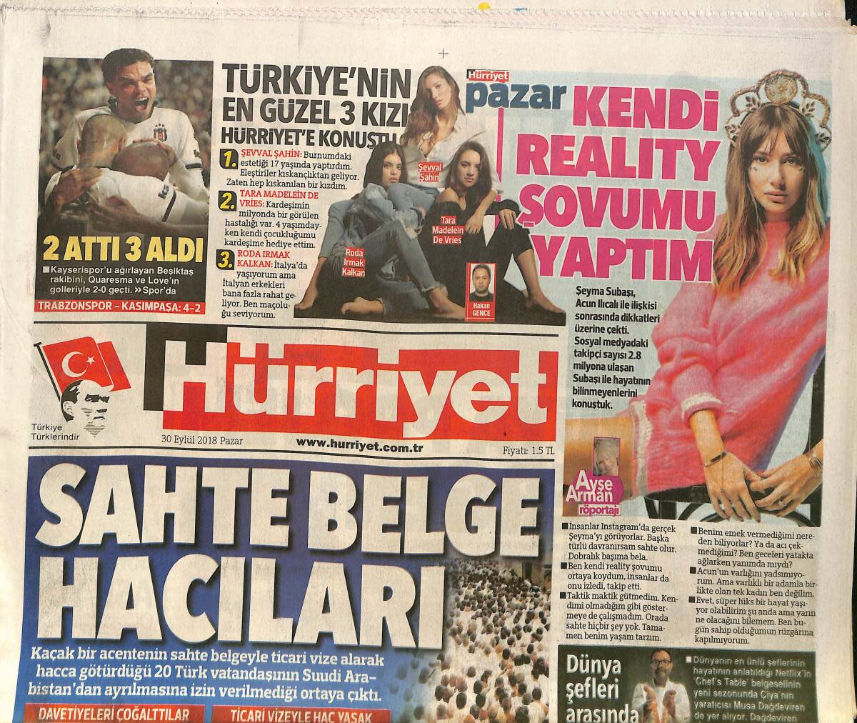 Hürriyet Gazetesi 30 Eylül 2018 - Ronaldo Tecavüzle Gündemde - Quaresma Bir Başka GZ154225 - 1