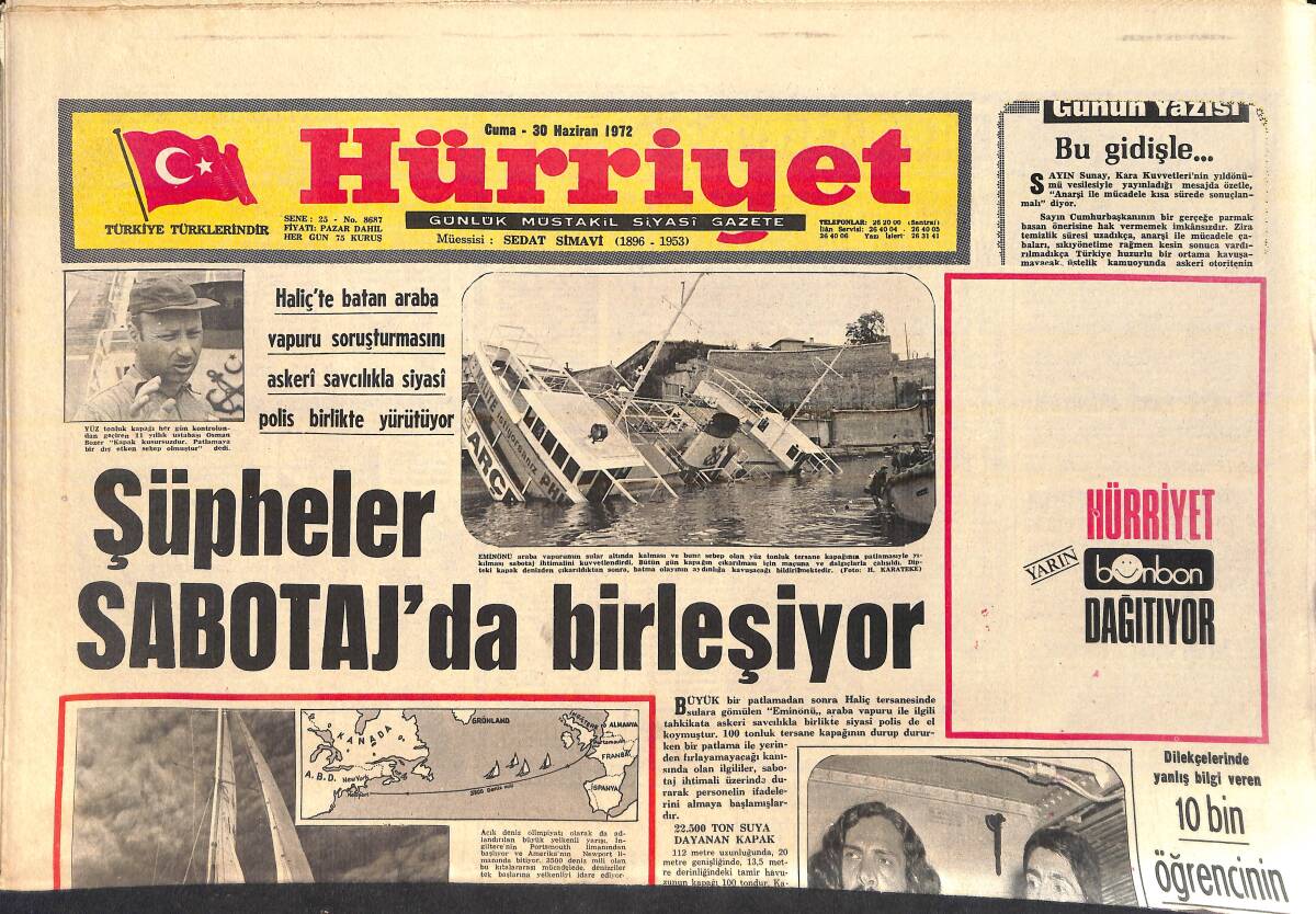 Hürriyet Gazetesi 30 Haziran 1972 - Annesi Bile Tanıyamadı Hangisi Barış Manço - Şüpheler Sabotaj'da Birleşiyor GZ156665 - 1
