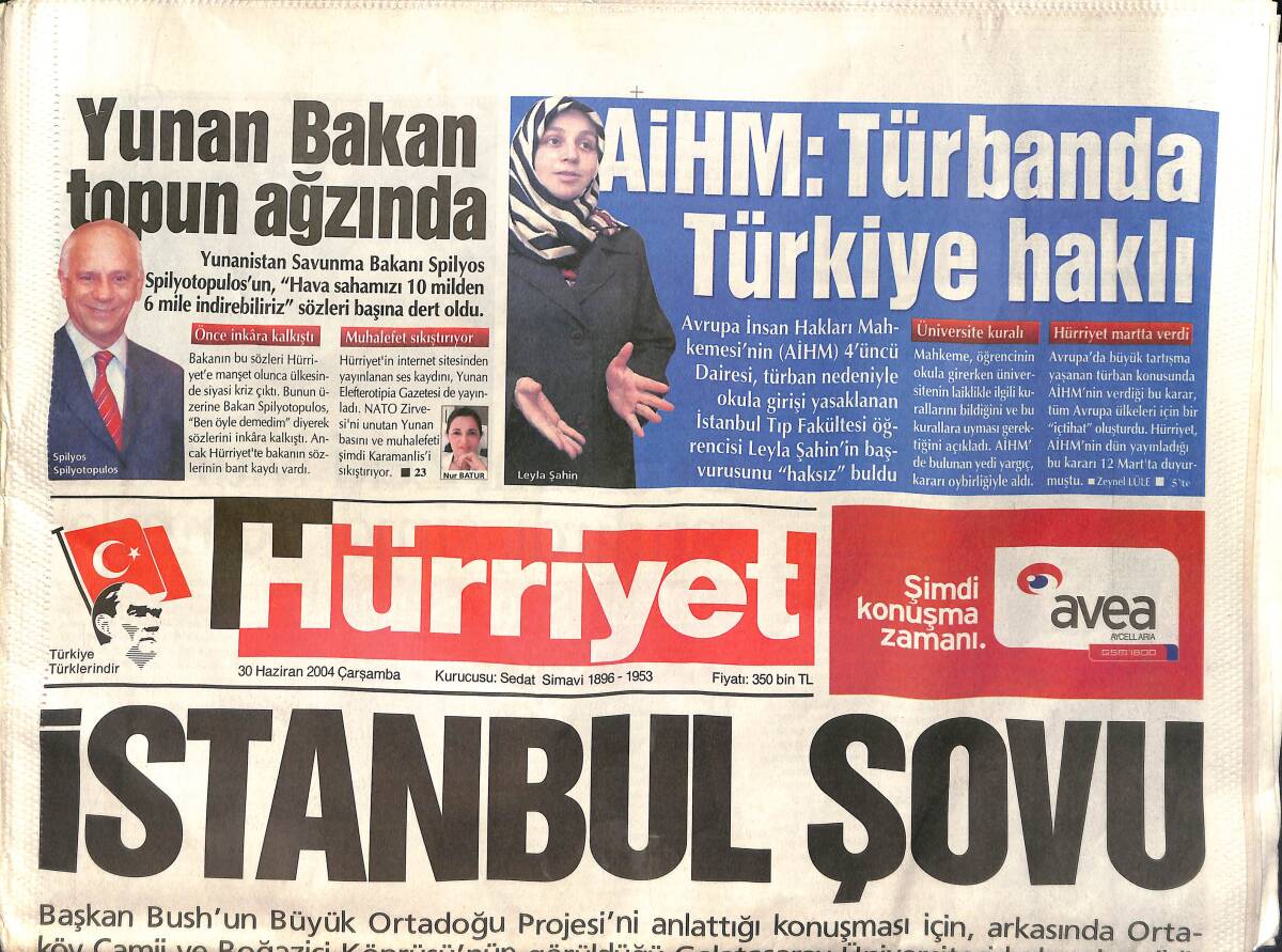 Hürriyet Gazetesi 30 Haziran 2004 - Baykal : Aile İçi Sorun Kahvehanede Konuşulmaz - AİHM : Türbanda Türkiye Haklı GZ154101 - 1