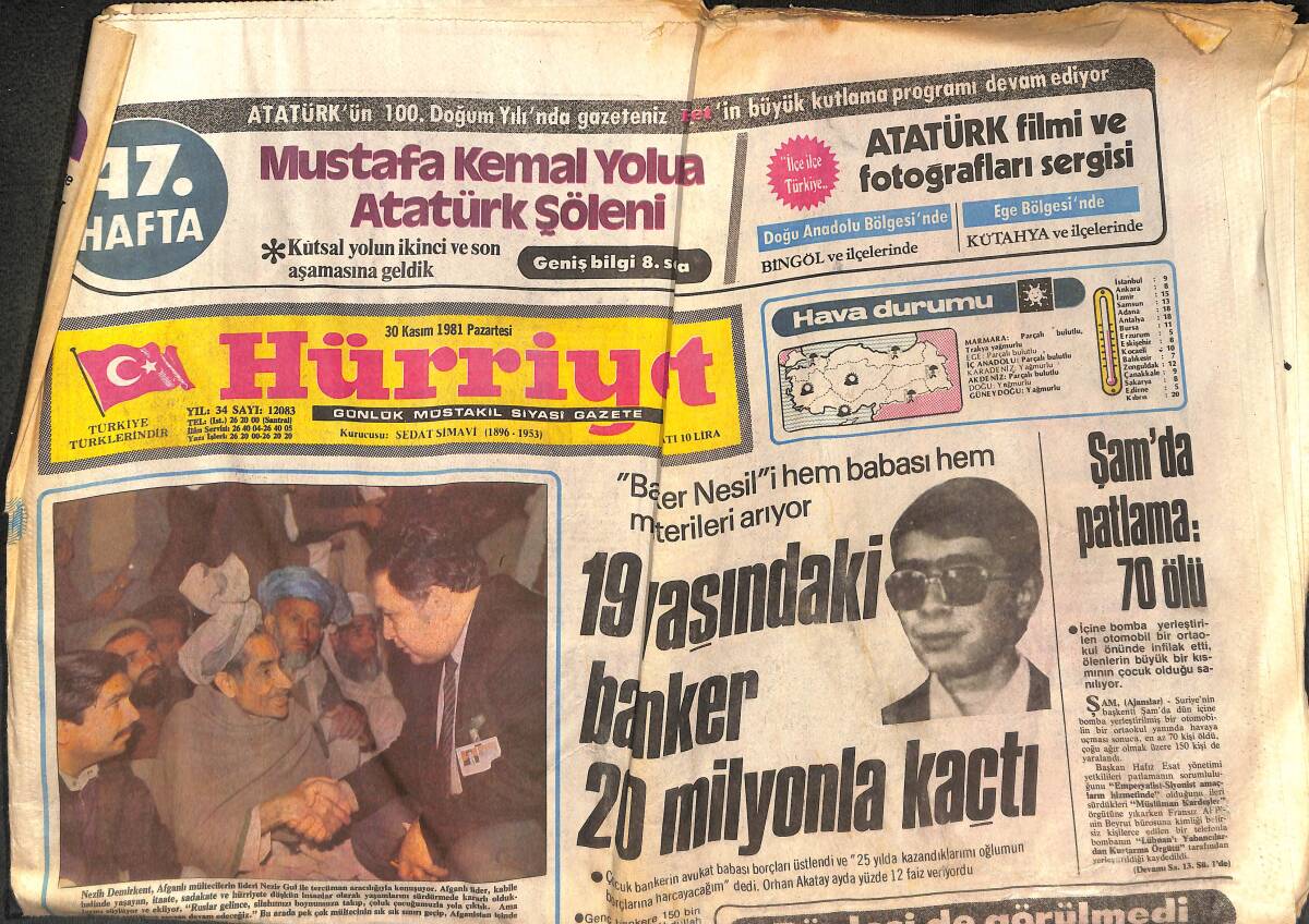 Hürriyet Gazetesi 30 Kasım 1981 - Galatasaray Deplasman Kahramanı - Şam'da Patlama : 70 Ölü GZ142665 - 1