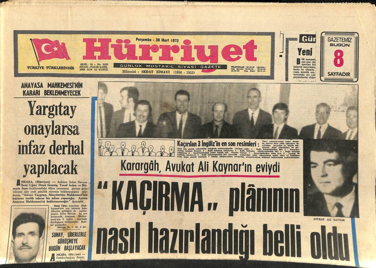 Hürriyet Gazetesi 30 Mart 1972 - Dünyanın En Yaşlı Adamı Uzun Yaşama Sırrını Açıkladı - Kaçırılan 3 İngilizin En Son Resimleri GZ156978 - 1
