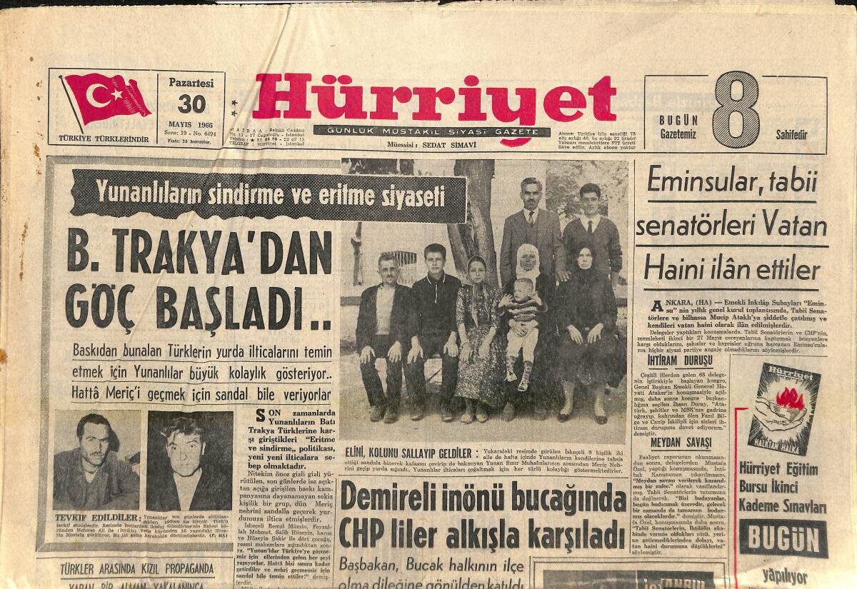 Hürriyet Gazetesi 30 Mayıs 1966 - Demirel'i İnönü Bucağında CHP'liler Alkışla Karşıladı - Yunanlıların Sindirme Ve Eritme Siyaseti GZ156975 - 1