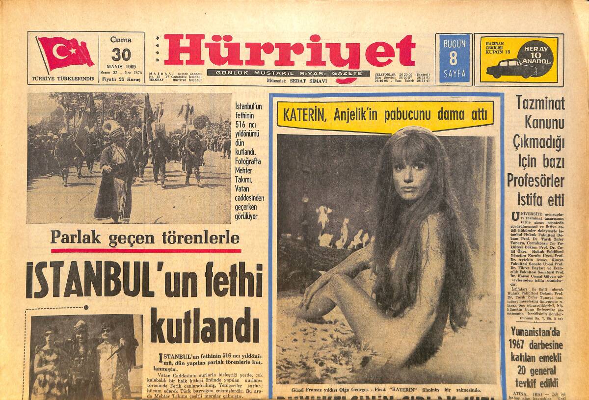Hürriyet Gazetesi 30 Mayıs 1969 - Galata Kulesi 516.Fetih Yıldönümüne Yetişsin Diye Bazı Eksiklerle Açıldı GZ157601 - 1