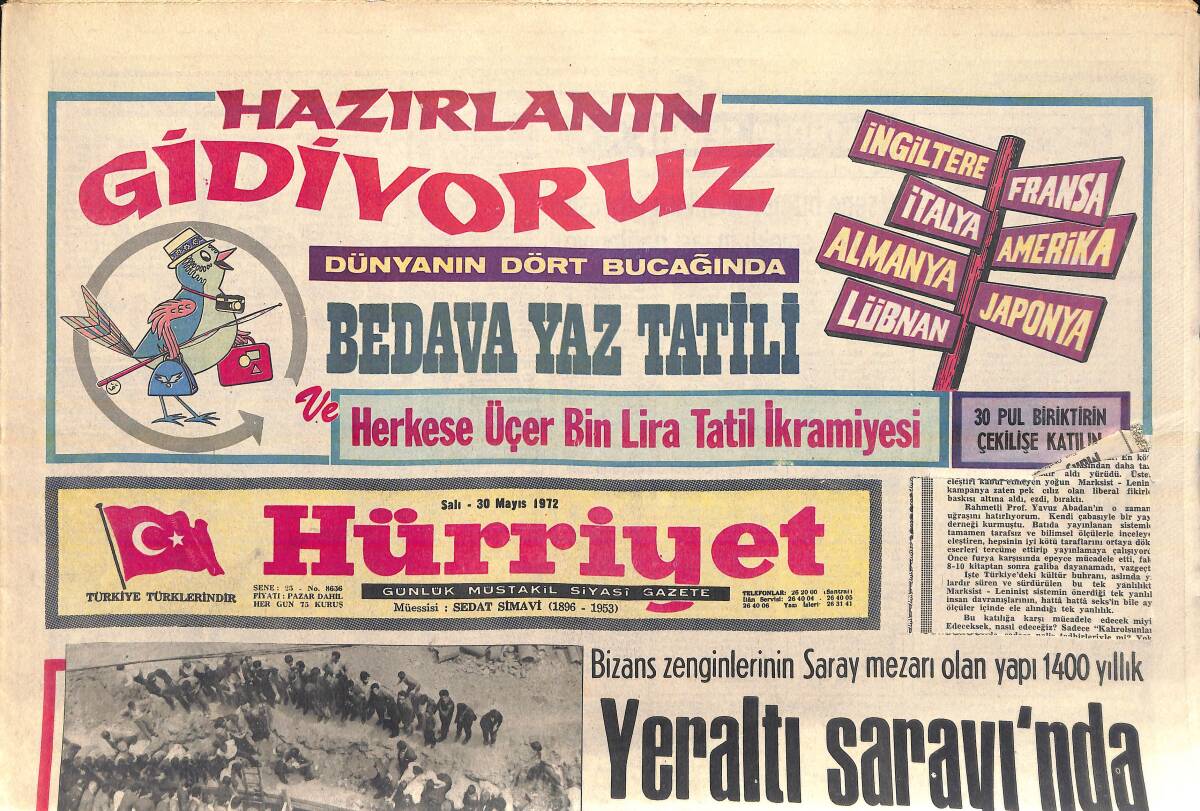 Hürriyet Gazetesi 30 Mayıs 1972 - Galatasaray'ın Futbol Yılı - Bizans Zenginlerinin Saray Mezarı Olan Yapı 1400 Yıllık GZ156989 - 1