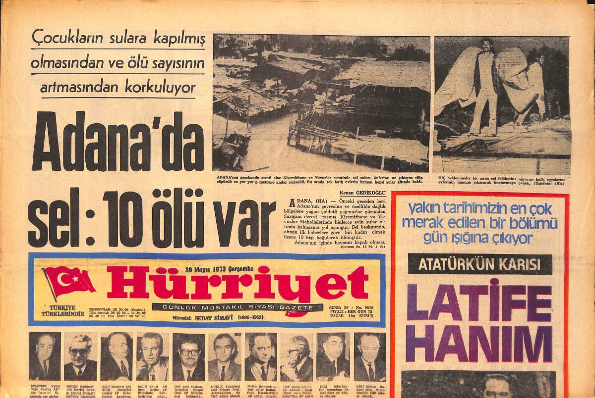 Hürriyet Gazetesi 30 Mayıs 1973 - Adana'da Meydana Gelen Selde 10 Ölü Var - Rakibine Bıçakla Saldıran Genç Araya Giren Çocuğu Öldürdü GZ158248 - 1