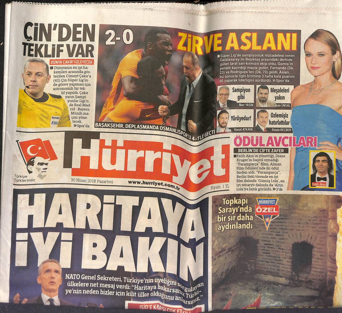 Hürriyet Gazetesi 30 Nisan 2018 - Terim'e Torun Dopingi - Galatasaray Şampiyonum Diye Kükredi GZ153326 - 1