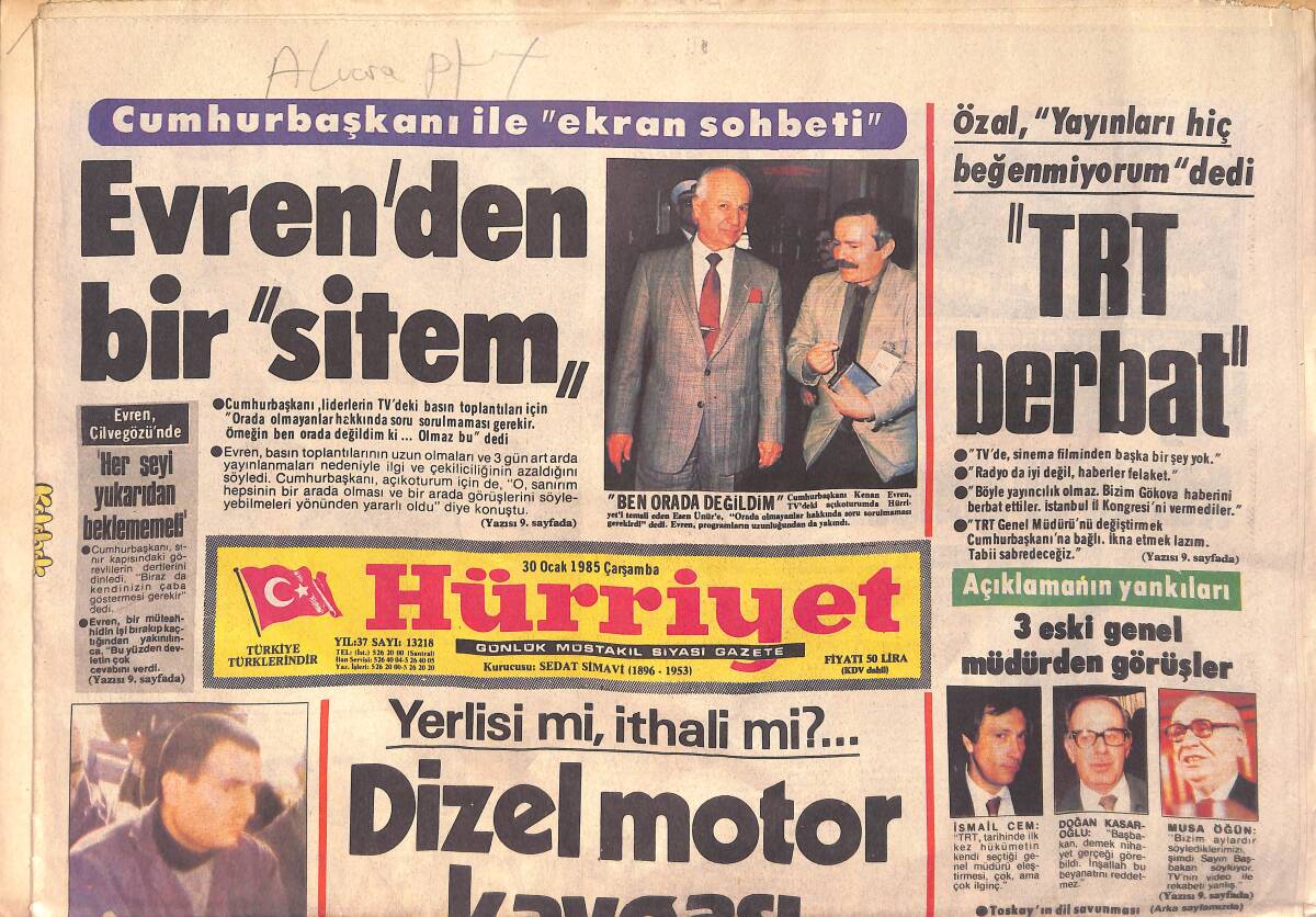Hürriyet Gazetesi 30 Ocak 1985 - Bayan Özal'a Haciz Kararı - Kenan Evren'den Bir Sitem GZ156043 - 1