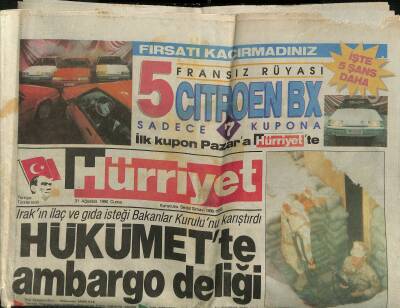 Hürriyet Gazetesi 31 Ağustos 1990 - Saddam Senaryoları - Hükümette Ambargo Deliği GZ123051 - 1