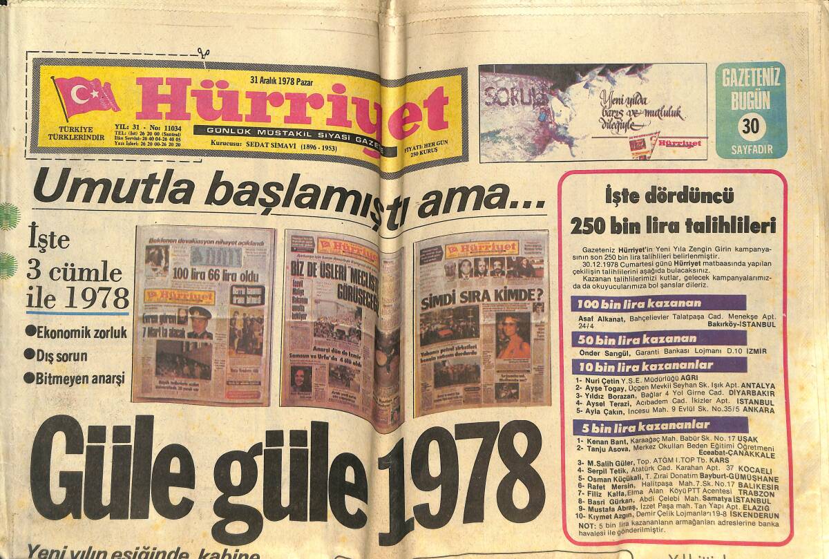 Hürriyet Gazetesi 31 Aralık 1978 - Tebriz'de Türk Konsolosluğu Yerle Bir Edildi - İsveç Ormanlarında Bir Venüs GZ142429 - 1