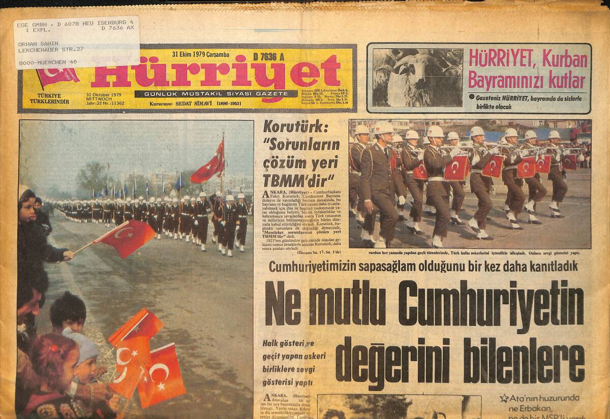 Hürriyet Gazetesi 31 Ekim 1979 - Demirel 25 Temel İlkeyi Tespit Etti - Berlin'de 400 Metrekarelik Türk Süpermarketi Açıldı GZ157702 - 1