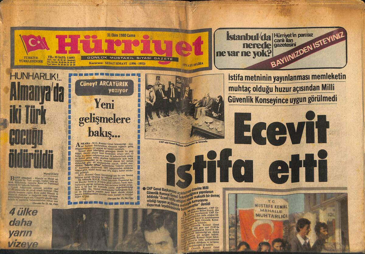 Hürriyet Gazetesi 31 Ekim 1980 - Ecevit İstifa Etti - Humeyni Hasta - Emel Sayın Yine Evlilik Çıkmazında GZ146930 - 1