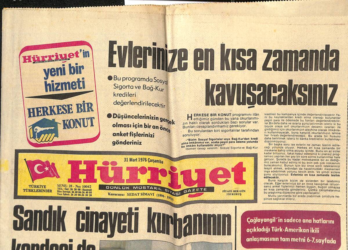 Hürriyet Gazetesi 31 Mart 1976 - Sandık Cinayeti Kurbanının Kardeşi de Öldürüldü - Jack Nicholson : Bana Oscar Ödülü Veren Beyinsizdir GZ133357 - 1