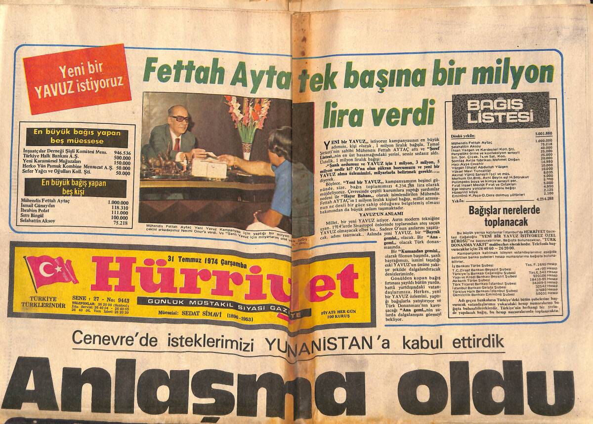 Hürriyet Gazetesi 31 Temmuz 1974 - Limasol Stadına Doldurulan Türkler Kale Direklerine Çadır Kurdu GZ150508 - 1