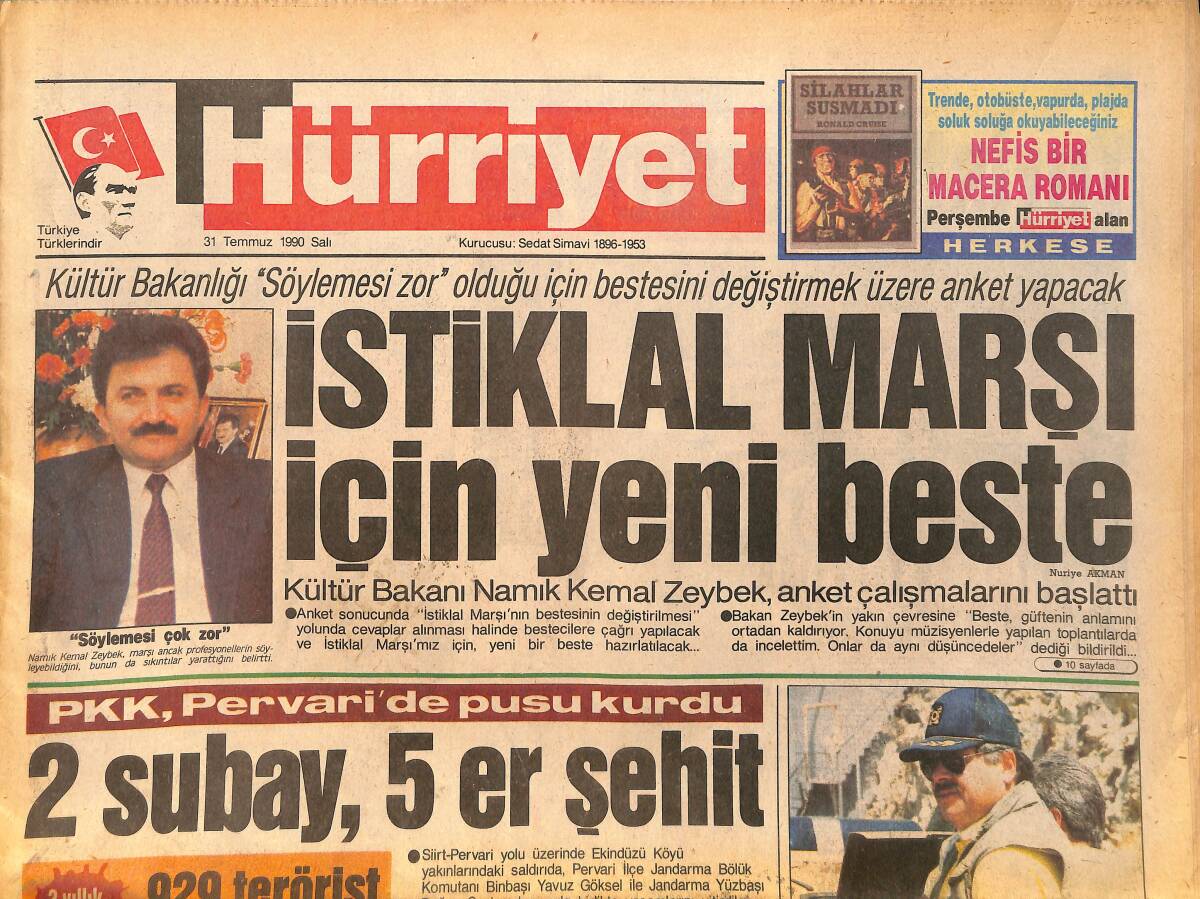 Hürriyet Gazetesi 31 Temmuz 1990 - Modada Osmanlı Rüzgarı - İstiklal Marşı İçin Yeni Beste GZ160808 - 1