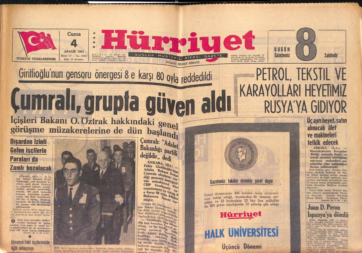 Hürriyet Gazetesi 4 Aralık 1964 - Ankara Oteli'nde İşçiler Yatma Grevi Yapıyor - Çumralı , Grupta Güven Aldı GZ147009 - 1