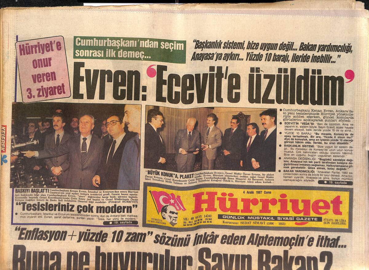Hürriyet Gazetesi 4 Aralık 1987 - Özal'dan Reagan'a Mesaj - Milne'nin Son Gözdesi : Cem GZ150484 - 1