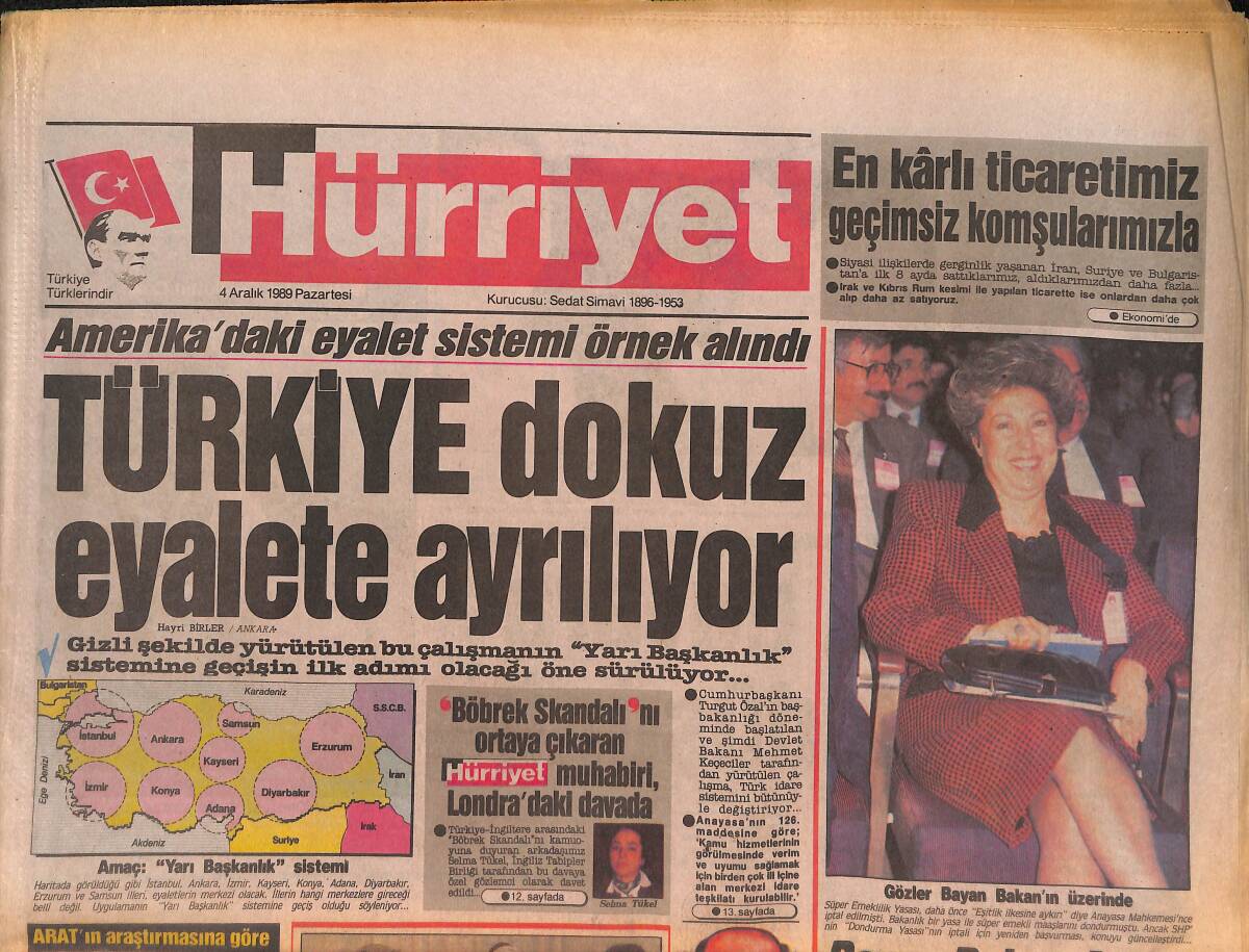 Hürriyet Gazetesi 4 Aralık 1989 - Türkiye 9 Eyalete Ayrılıyor - Dardanos'ta Tarihi Eser Fışkırıyor GZ133090 - 1