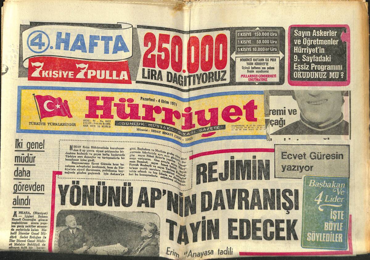 Hürriyet Gazetesi 4 Ekim 1971 - Rejimin Yönünü AP'nin Davranışı Tayin Edecek - Keriman Halis, Filiz Vural'ı Öperken Gözleri Yaşardı GZ140472 - 1