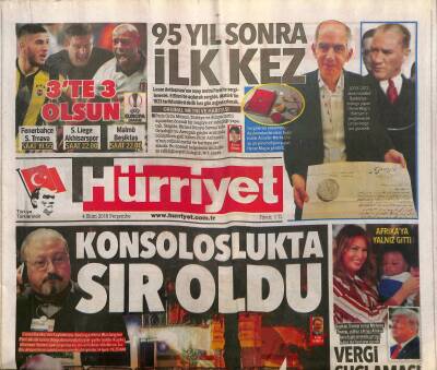 Hürriyet Gazetesi 4 Ekim 2018 - Enflasyonda 15 Yılın Rekoru - Lozan Antlaşmasının Onay metni Pariste Sergilenecek GZ125634 - 1
