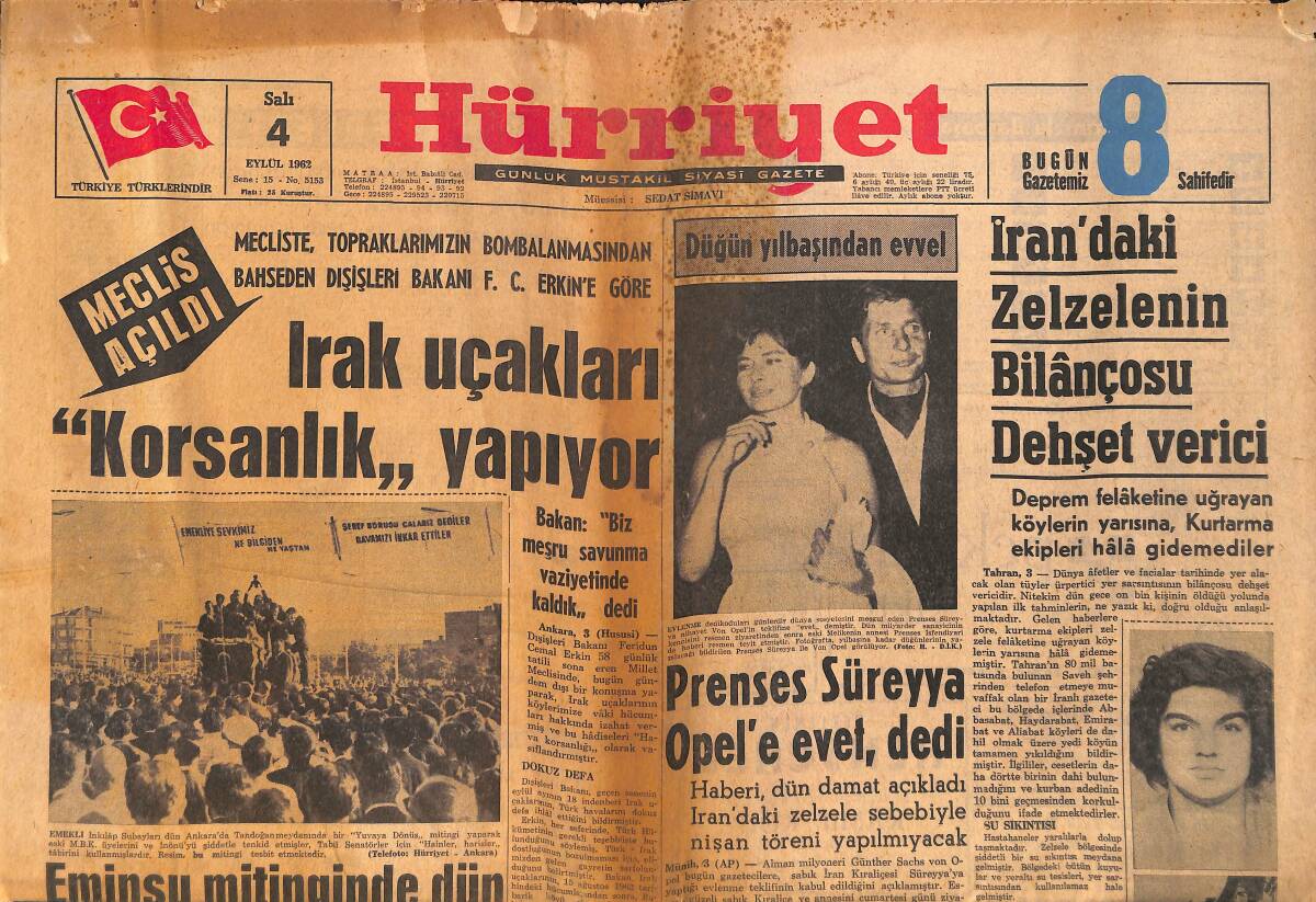 Hürriyet Gazetesi 4 Eylül 1962 - Prenses Süreyya Opel'e Evet , Dedi - Danimarka Kabinesi İstifa Etti GZ157886 - 1