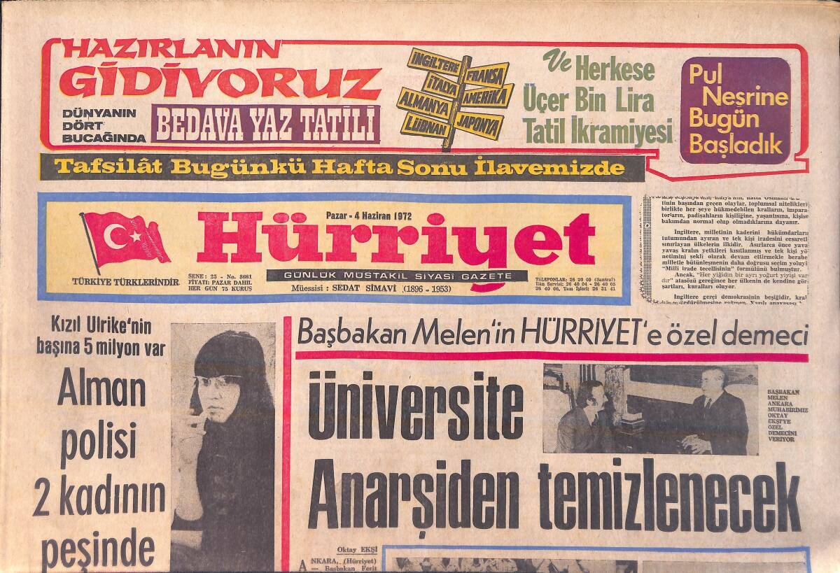 Hürriyet Gazetesi 4 Haziran 1972 -Başbakan Melen 