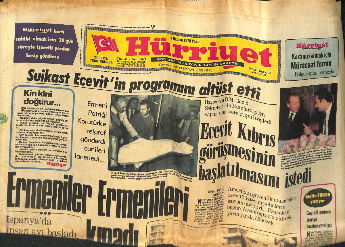 Hürriyet Gazetesi 4 Haziran 1978 - Suikast Ecevit'in Programını Altüst Etti - Demirel Bayrak Mitinginde - Arjantin Çılgına Döndü GZ133502 - 1