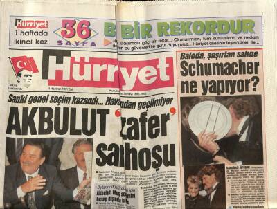 Hürriyet Gazetesi 4 Haziran 1991 - Yıldırım Akbulut Zafer Sarhoşu GZ61733 - 2