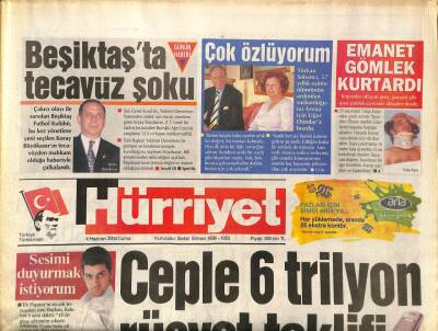 Hürriyet Gazetesi 4 Haziran 2004 - Bayhan Sesimi Duyurmak İstiyorum, Beşiktaşta Tecavüz Şoku GZ97337 - 1