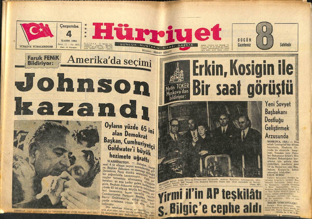 Hürriyet Gazetesi 4 Kasım 1964 - Amerika'daki Seçimi Johnson Kazandı - Sakatlığı Geçen Pele Oynadığı İki Maçta 6 Gol Attı GZ146935 - 1