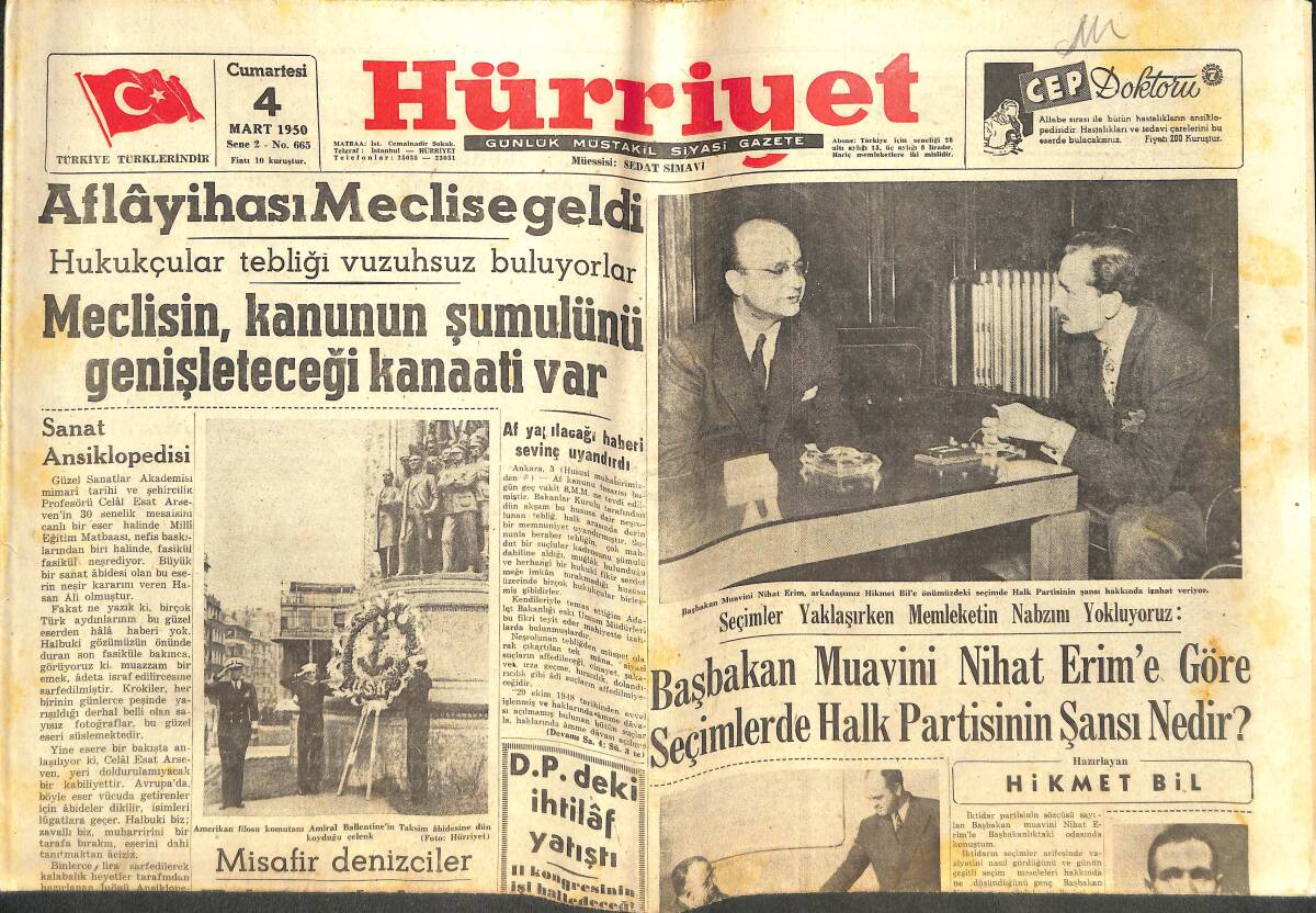 Hürriyet Gazetesi 4 Mart 1950 - Başbakan Muavini Nihat Erim'e Göre Seçimlerde Halk Partisinin Şansı Nedir? GZ142557 - 1