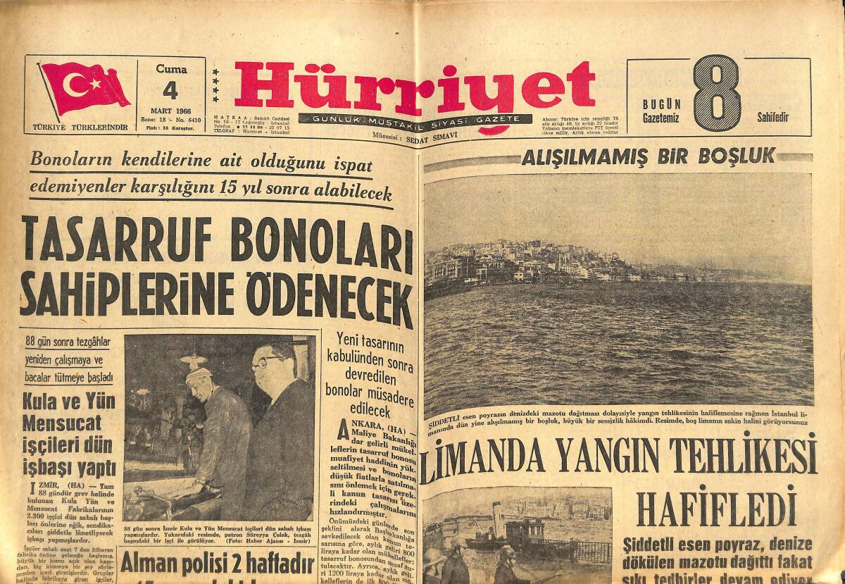 Hürriyet Gazetesi 4 Mart 1966 - Bilirkişi Heyeti Limanda Zararı Tesbit Ediyor - Tasarruf Bonoları Sahiplerine Ödenecek GZ142037 - 1