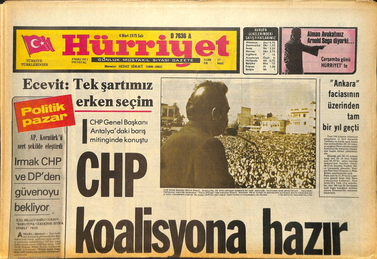 Hürriyet Gazetesi 4 Mart 1975 - CHP Koalisyona Hazır - Muazzez Abacı İle Atilla Kurtbaş Barıştı GZ157535 - 1