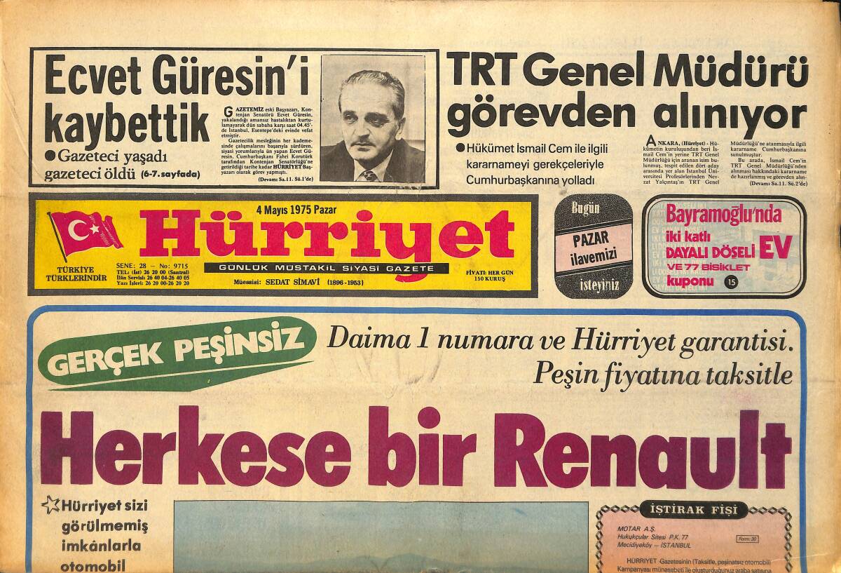 Hürriyet Gazetesi 4 Mayıs 1975 - TRT Genel Müdürü Görevden Alınıyor - Ecvet Güresin'i Kaybettik GZ157712 - 1