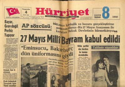 Hürriyet Gazetesi 4 Nisan 1963 - 27 Mayıs Milli Bayram Kabul Edildi GZ97529 - 1