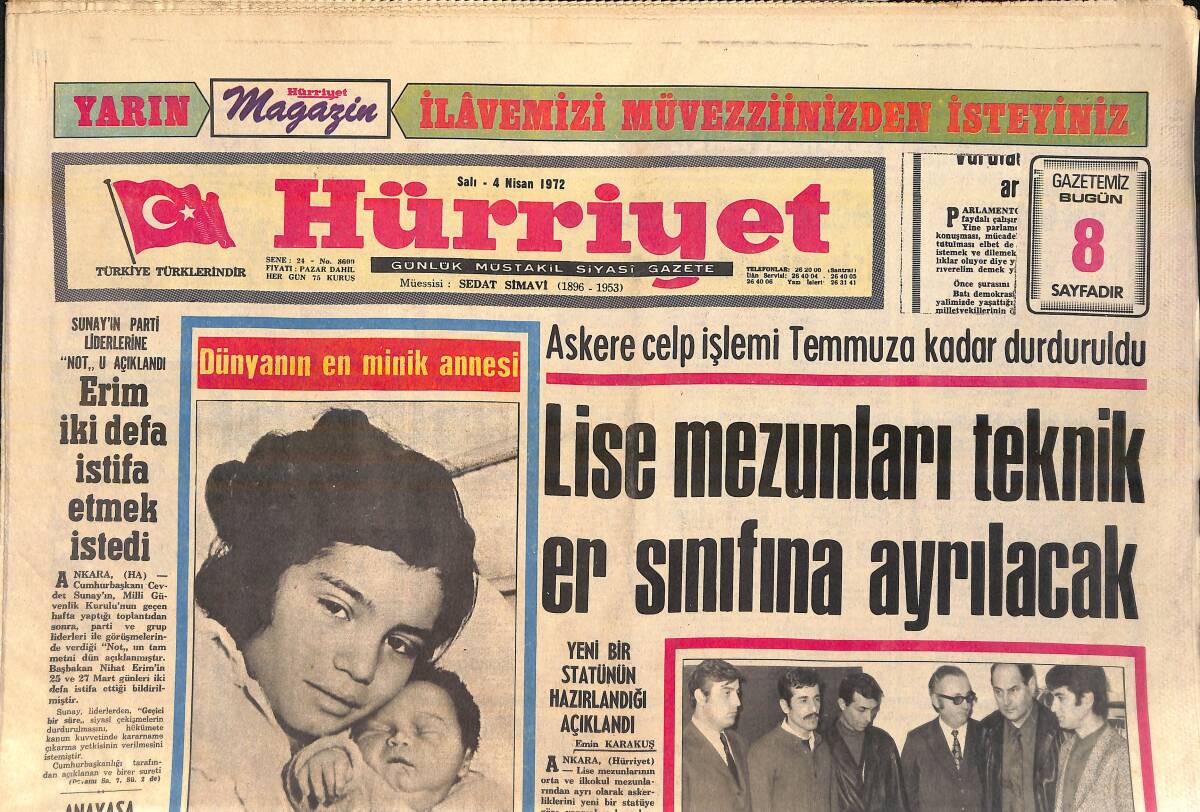 Hürriyet Gazetesi 4 Nisan 1972 - Sezim Tuna Artık Mini Şortla Şarkı Söyleyecek - Ankara'nın Pis Havası 3 Metreye İnerse Ölümler Başlayacak GZ156672 - 1