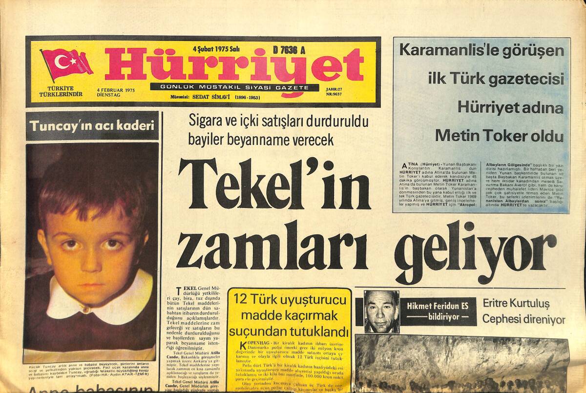 Hürriyet Gazetesi 4 Şubat 1975 - Yılın Sanatçıları Altın Kelebek Ödüllerini Aldılar - Galatasaray Giresun'da Zorlandı GZ157527 - 1