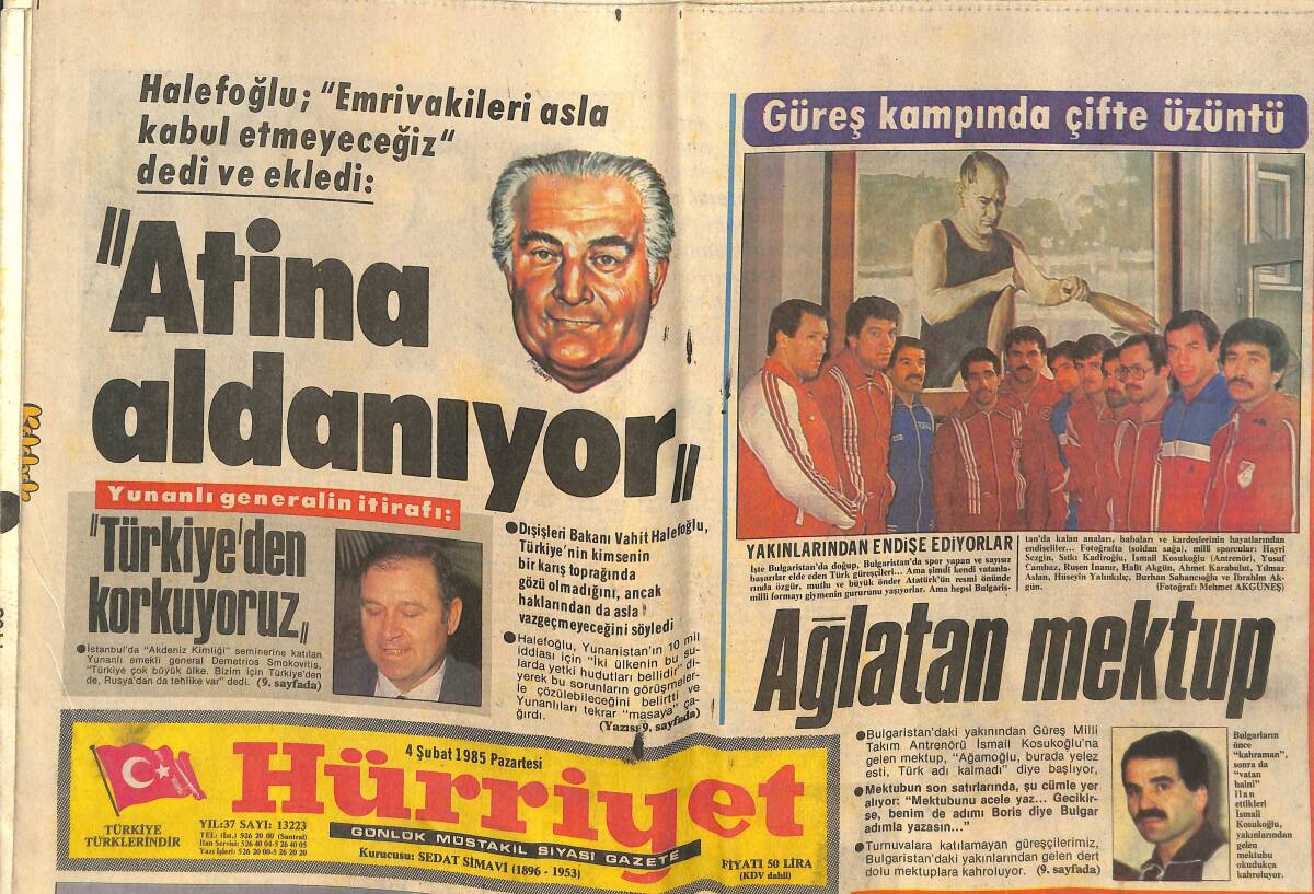Hürriyet Gazetesi 4 Şubat 1985 - Yunanlı Generalin İtirafı: Türkiye'den Korkuyoruz - Yassıada Akıl Hastanesi Oluyor GZ143307 - 1