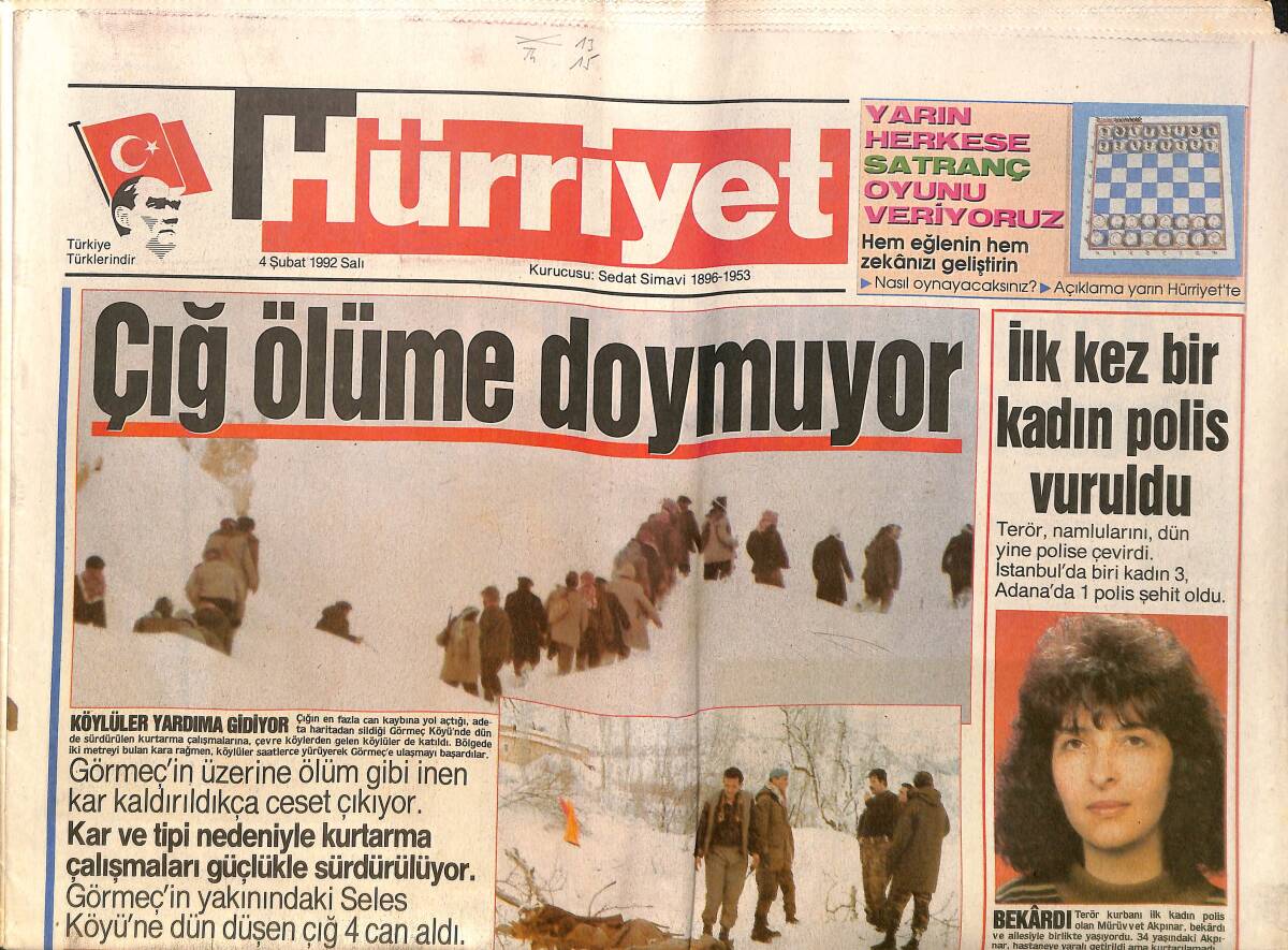 Hürriyet Gazetesi 4 Şubat 1992 - Karadeniz Ortak Pazarı - Çığ Ölüme Doymuyor GZ157925 - 1
