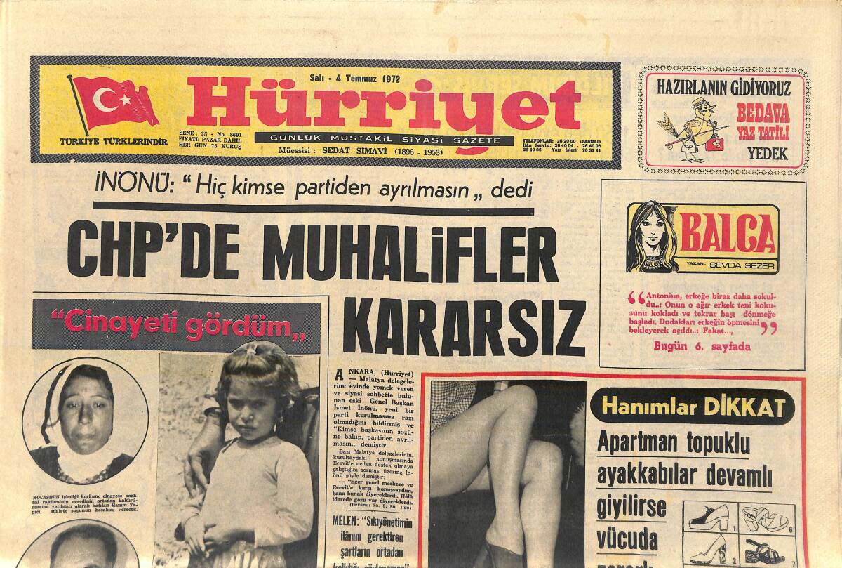 Hürriyet Gazetesi 4 Temmuz 1972 - CHP'lilerin Eğlence Gecesinde Çocukları Yoktu - CHP'de Muhalifle Kararsız GZ156953 - 1