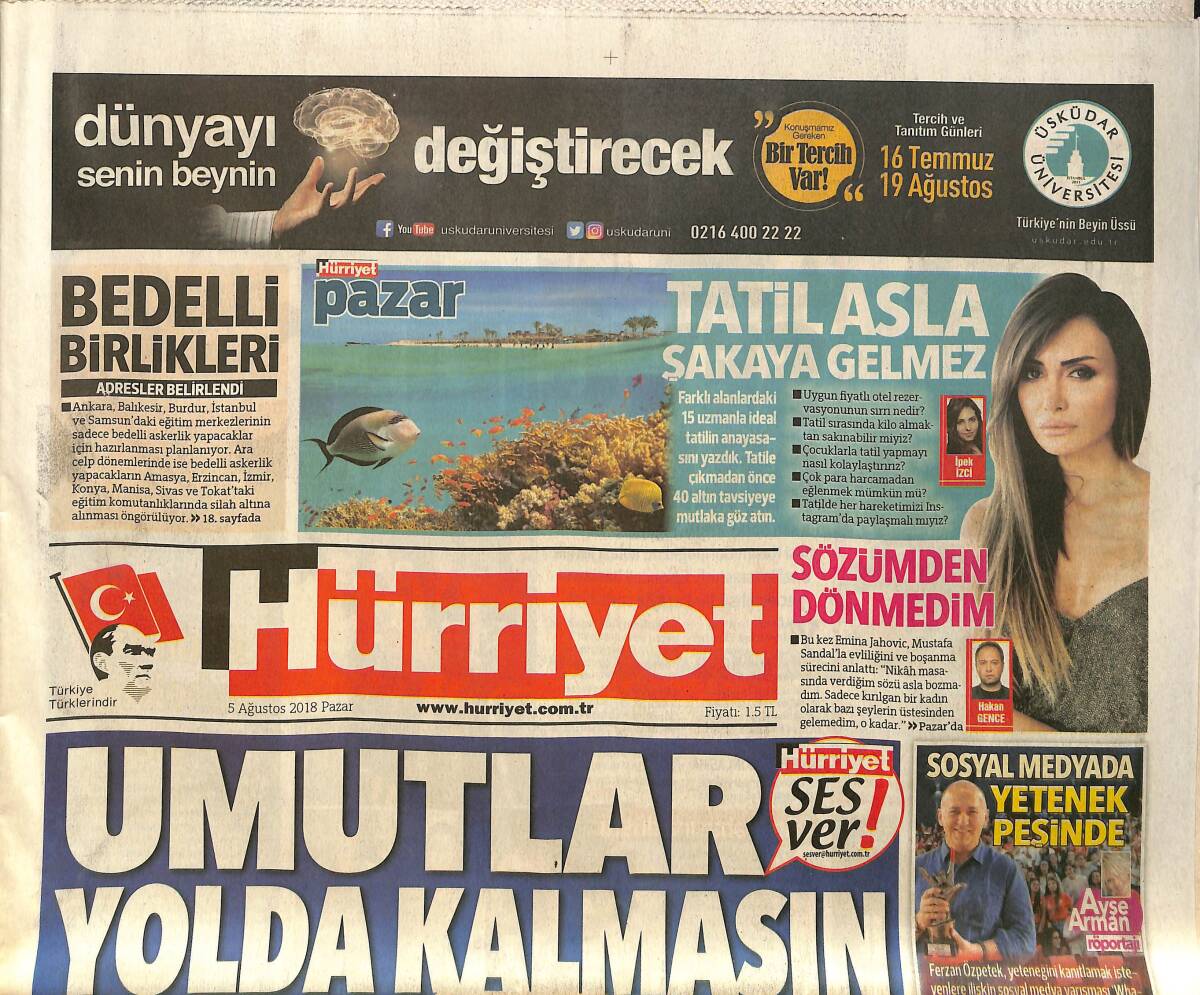 Hürriyet Gazetesi 5 Ağustos 2018 - Bu Fenerbahçe Benfica'yı Eler - 12. Süper Kupa Sahibini Buluyor GZ154236 - 1