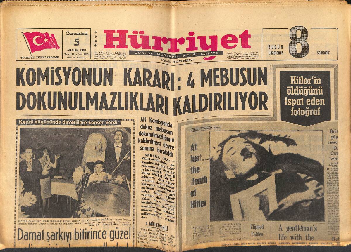 Hürriyet Gazetesi 5 Aralık 1964 - Fenerbahçe İçin Tehlikeli Gün - Türkan Şoray, Leyla Saray Profilleri İçin Ameliyat Olmuşlardı, Hülya Koçyiğit GZ146922 - 1