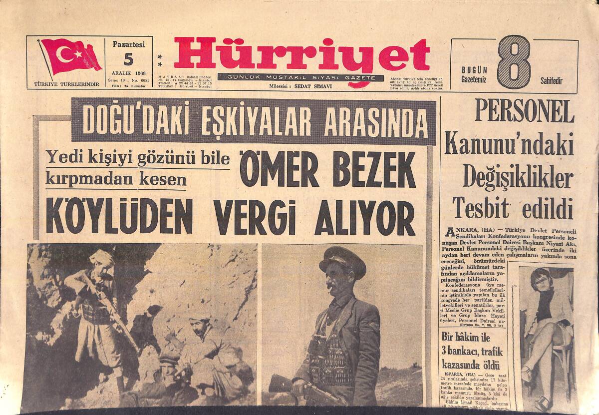 Hürriyet Gazetesi 5 Aralık 1966 - Ömer Bezek Köylüden Vergi Alıyor - Can Düşmanı Hamido GZ156933 - 1