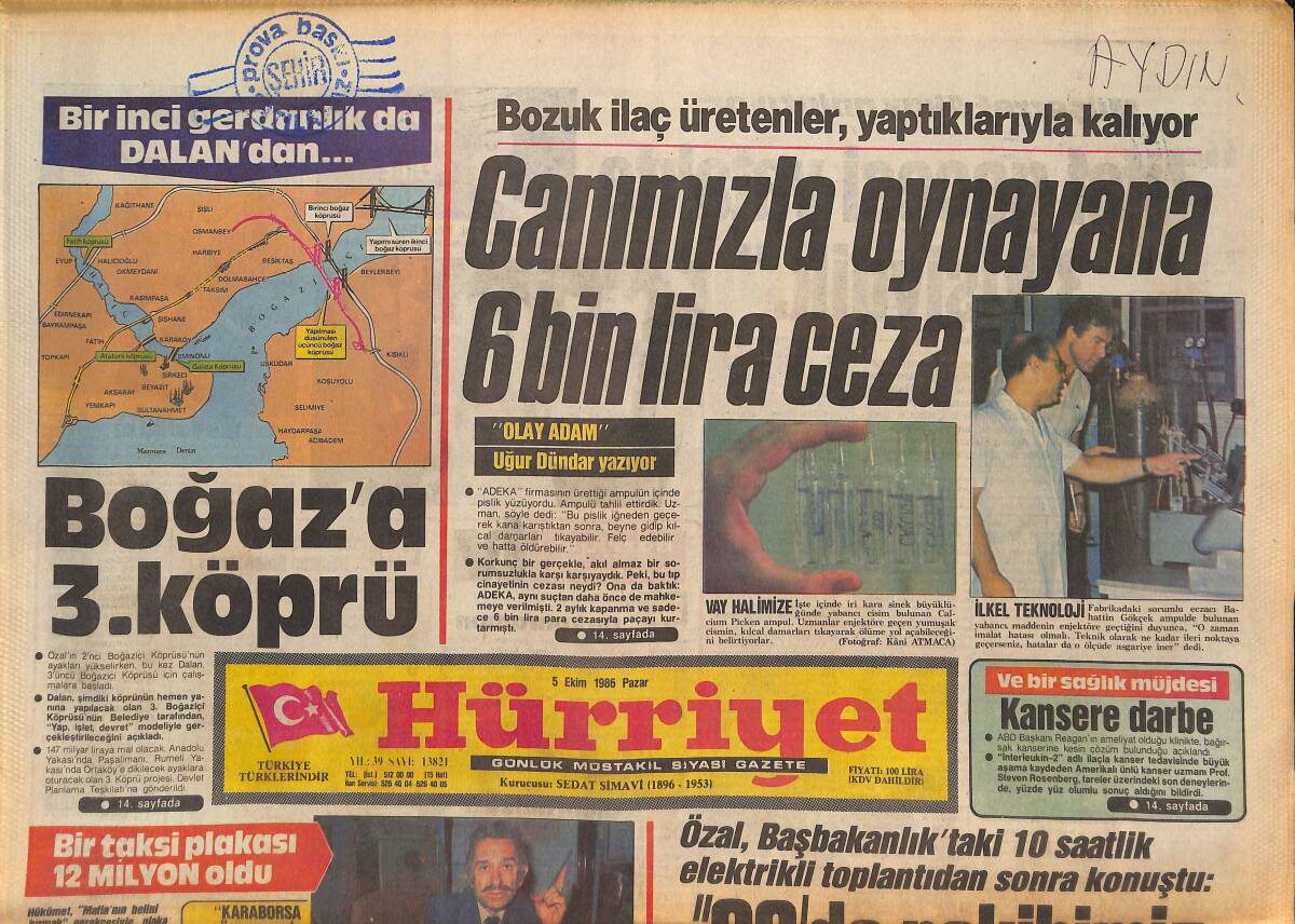 Hürriyet Gazetesi 5 Ekim 1986 - Özal , Havasını Buluyor - Plaka İhalesinde Mafia Tezgâhı - Boğaz'a 3. Köprü GZ132947 - 1