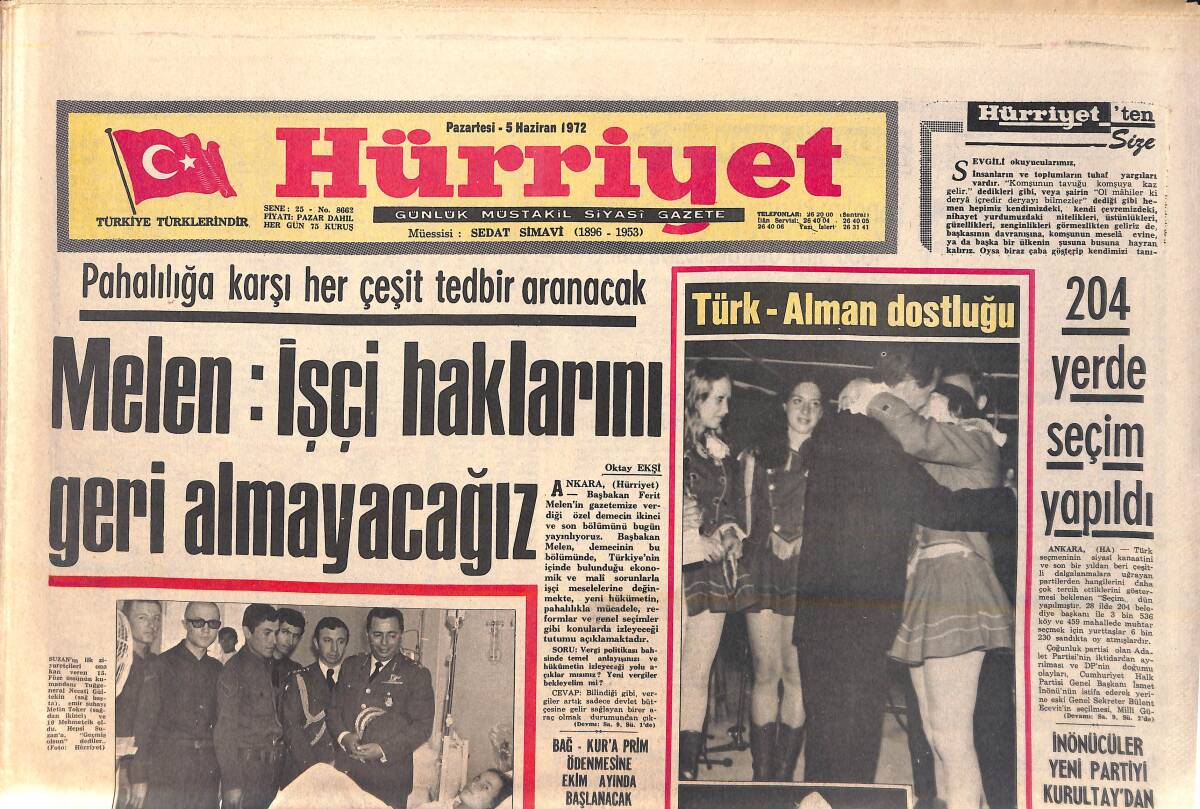 Hürriyet Gazetesi 5 Haziran 1972 - Melen 