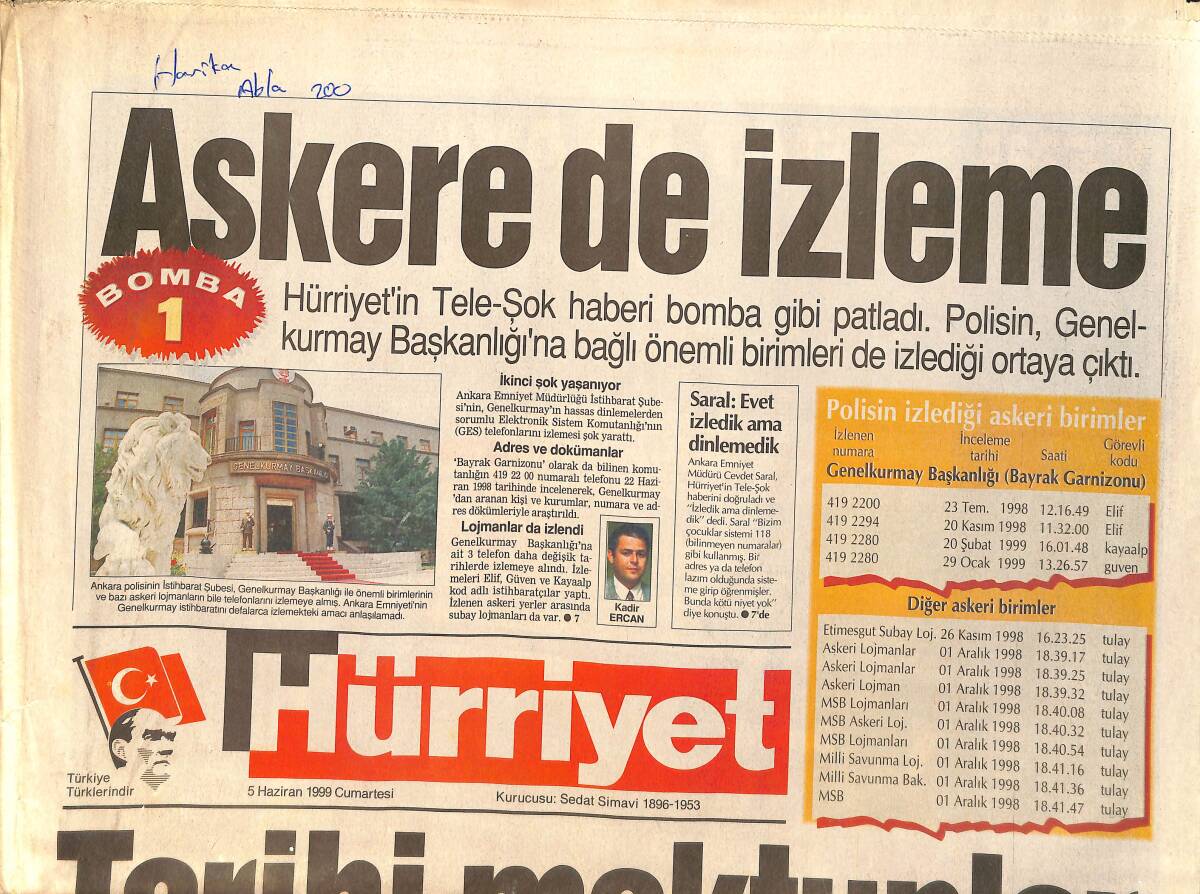 Hürriyet Gazetesi 5 Haziran 1999 - Sibel Can Şantaj Davası - Askere De İzleme GZ2562 - 1