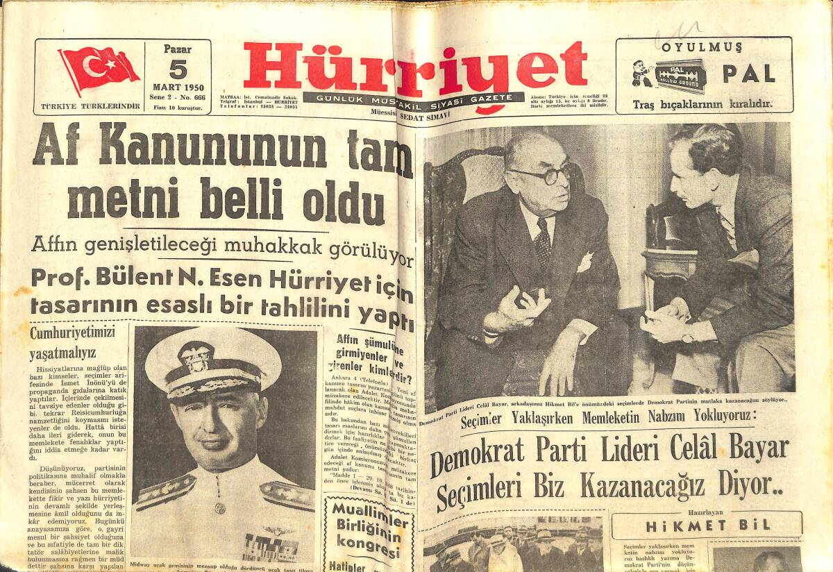 Hürriyet Gazetesi 5 Mart 1950 - Demokrat Parti Lideri Celal Bayar Seçimleri Biz Kazanacağız Diyor - Mevsimin En Kritik Maçı Beşiktaş-Fenerbahçe GZ142358 - 1