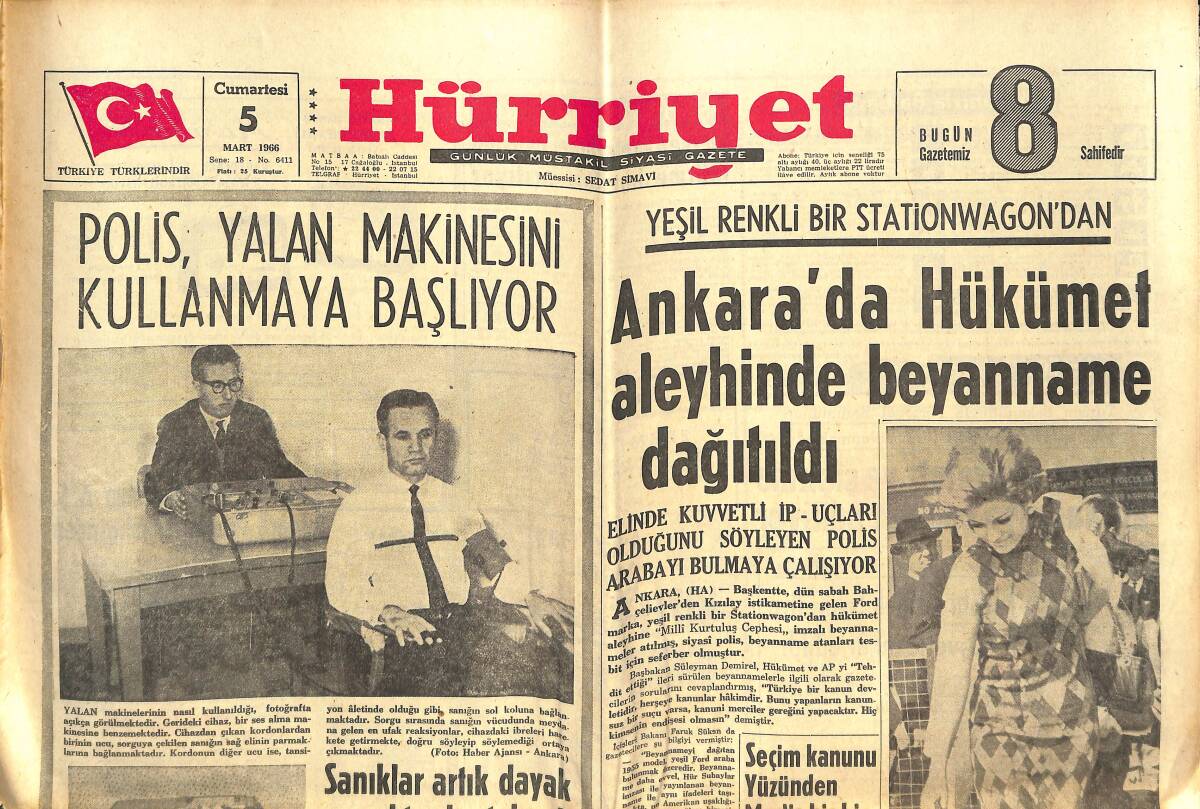 Hürriyet Gazetesi 5 Mart 1966 - Ajda Pekkan Adana'ya Gecede İki Bin Liraya Şarkı Söylemeye Gitti - Polis , Yalan Makinesini Kullanmaya Başlıyor GZ142036 - 1