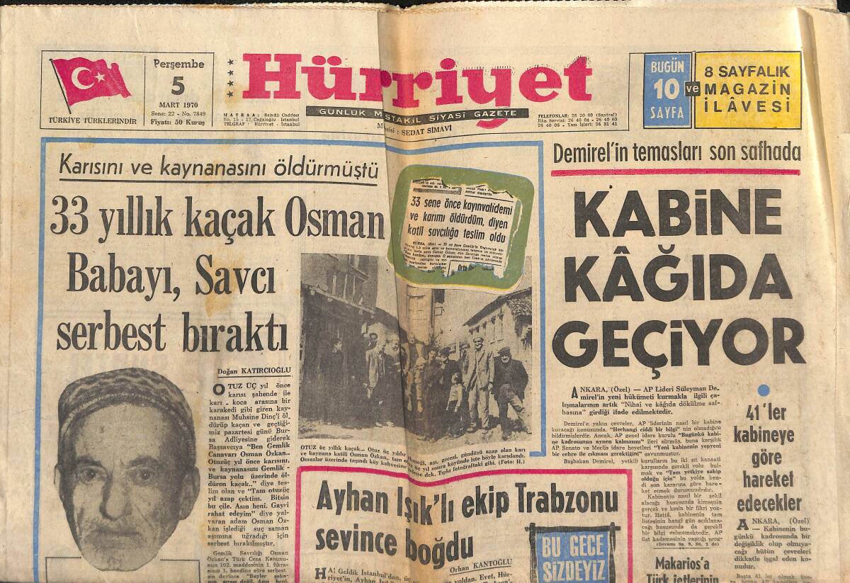 Hürriyet Gazetesi 5 Mart 1970 - Ayhan Işık'lı Ekip Trabzon'u Sevince Boğdu GZ147059 - 1